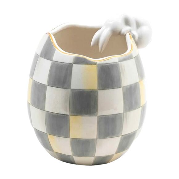 MACKENZIE-CHILDS White Rabbit Vase Hand Painted Gray Courtly Check Egg NEW - Picture 1 of 4